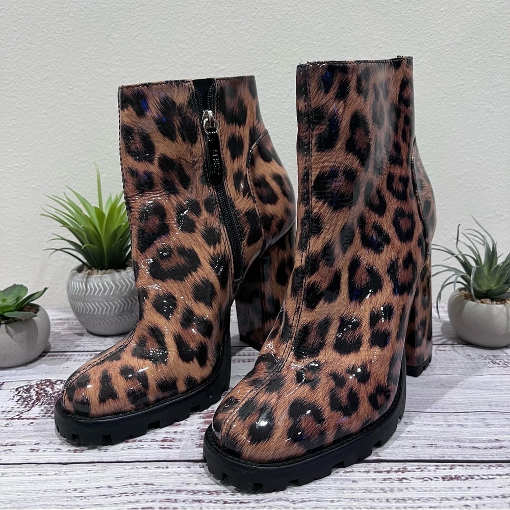 Schutz Animal Print Leopard Patent Leather Bootie with Lug Sole